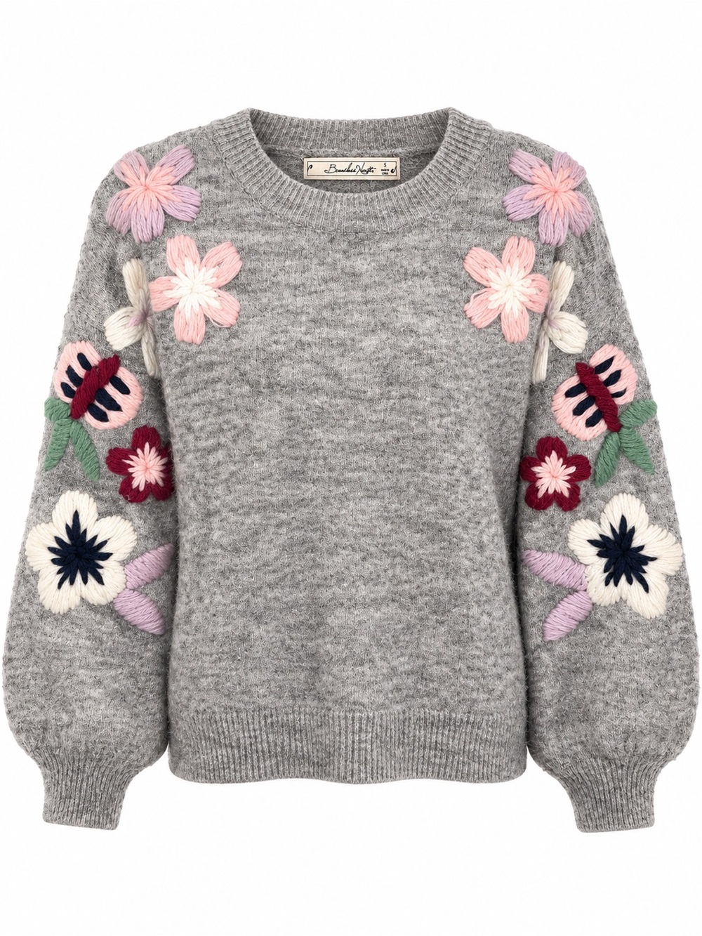 Boundless North Embroidered Felted Wool Blend Puff Sleeve Sweater size Small